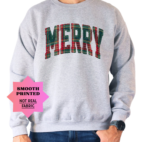 Merry plaid Christmas sweatshirt, Gray adult crewneck