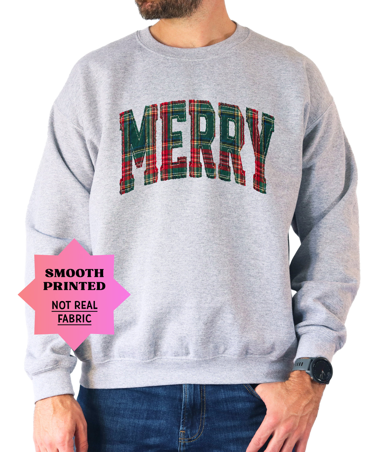 Merry plaid Christmas sweatshirt, Gray adult crewneck