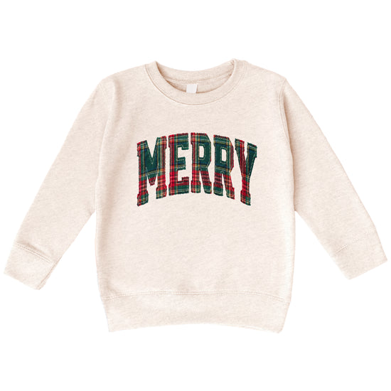 Merry plaid Christmas sweatshirt, Natural Heather youth and toddler crewneck