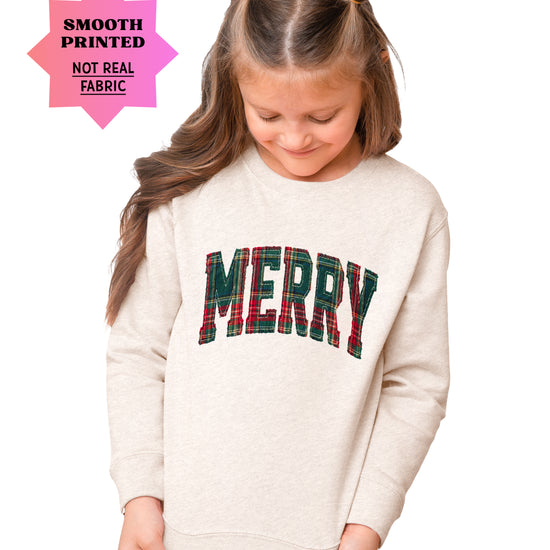 Merry plaid Christmas sweatshirt, Natural Heather youth and toddler crewneck
