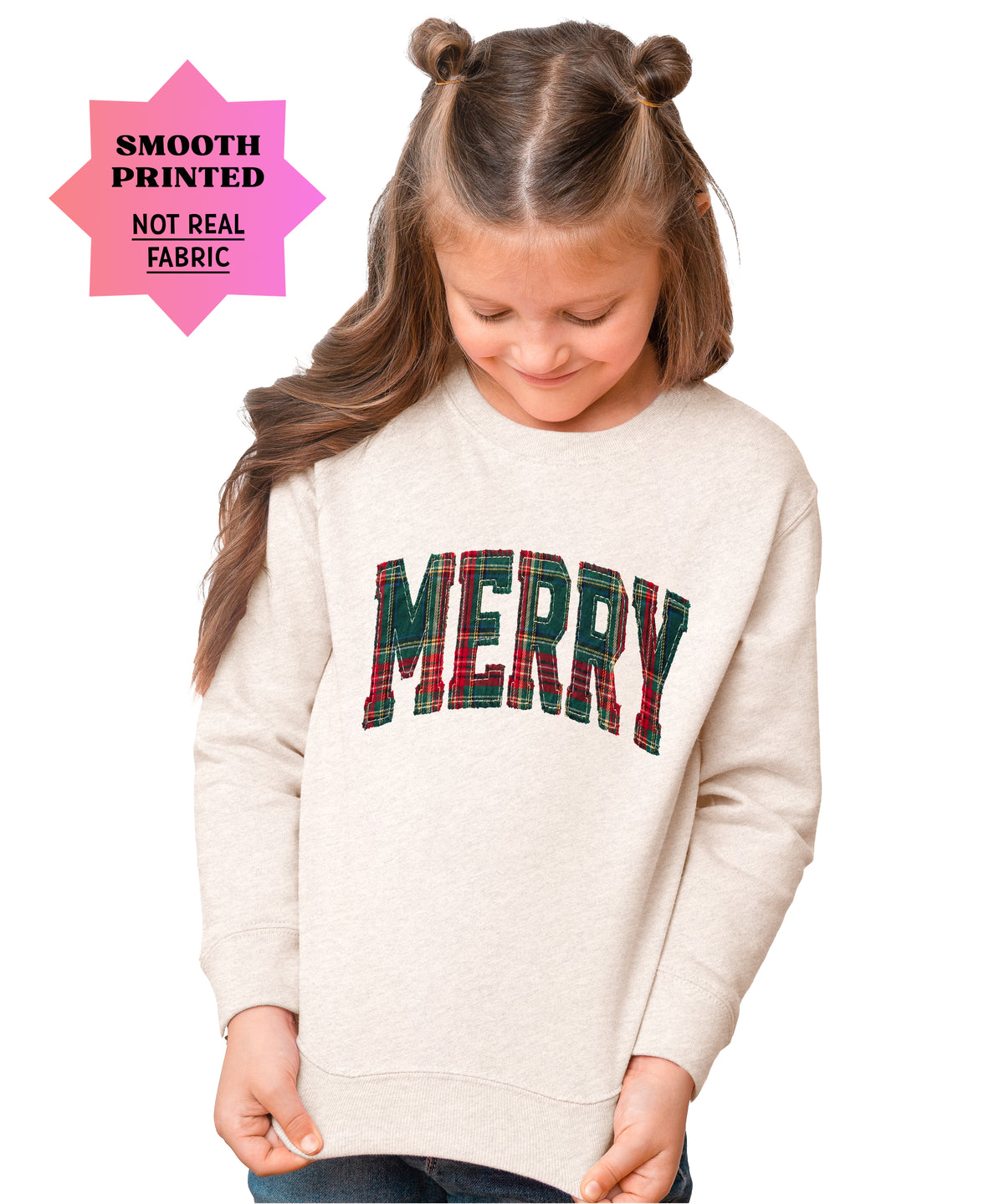Merry plaid Christmas sweatshirt, Natural Heather youth and toddler crewneck