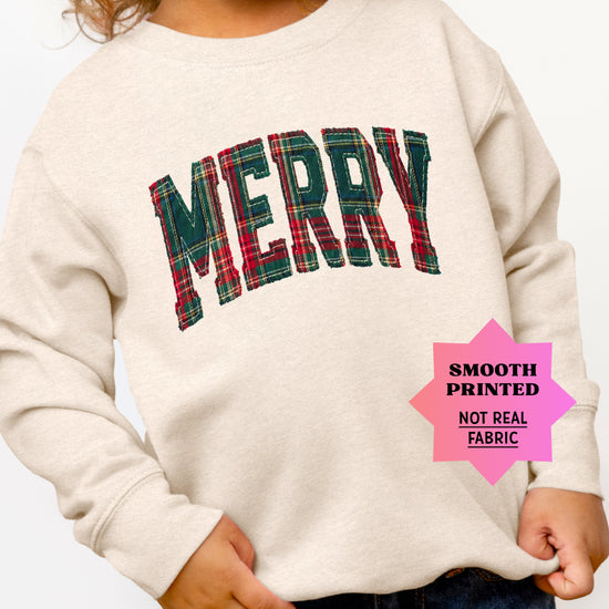 Merry plaid Christmas sweatshirt, Natural Heather youth and toddler crewneck