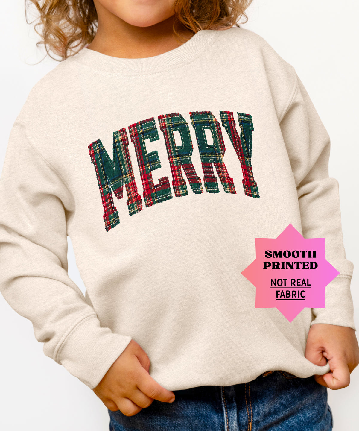 Merry plaid Christmas sweatshirt, Natural Heather youth and toddler crewneck