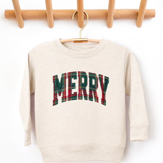 Merry plaid Christmas sweatshirt, Natural Heather youth and toddler crewneck