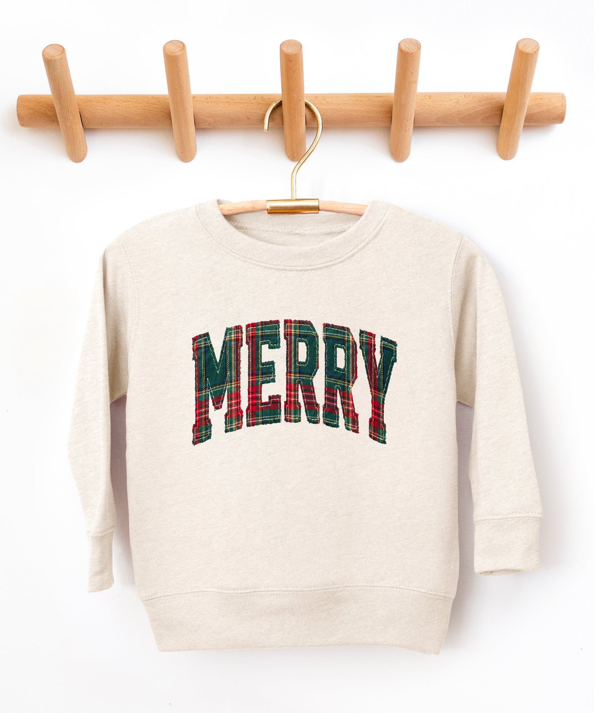 Merry plaid Christmas sweatshirt, Natural Heather youth and toddler crewneck