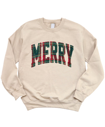 Merry plaid Christmas sweatshirt, Sand adult crewneck