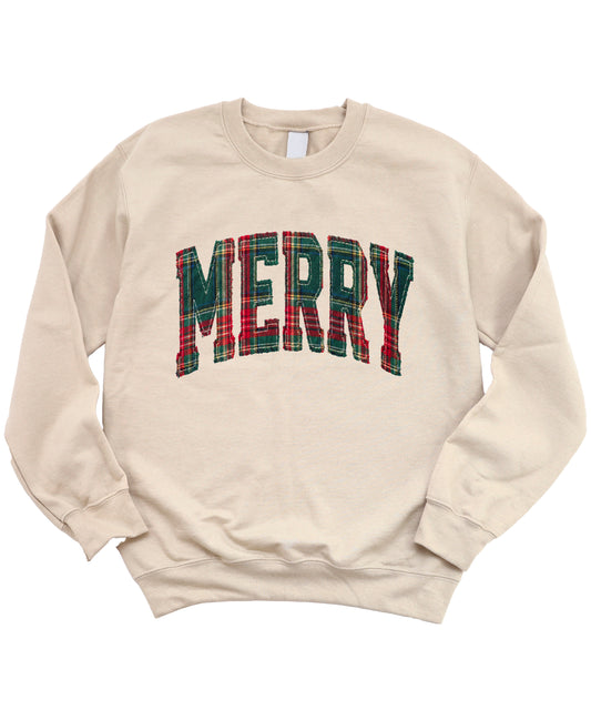 Merry plaid Christmas sweatshirt, Sand adult crewneck