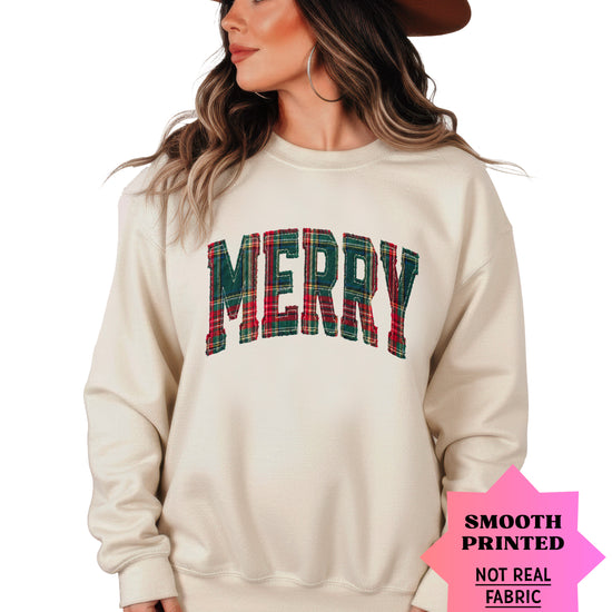 Merry plaid Christmas sweatshirt, Sand adult crewneck