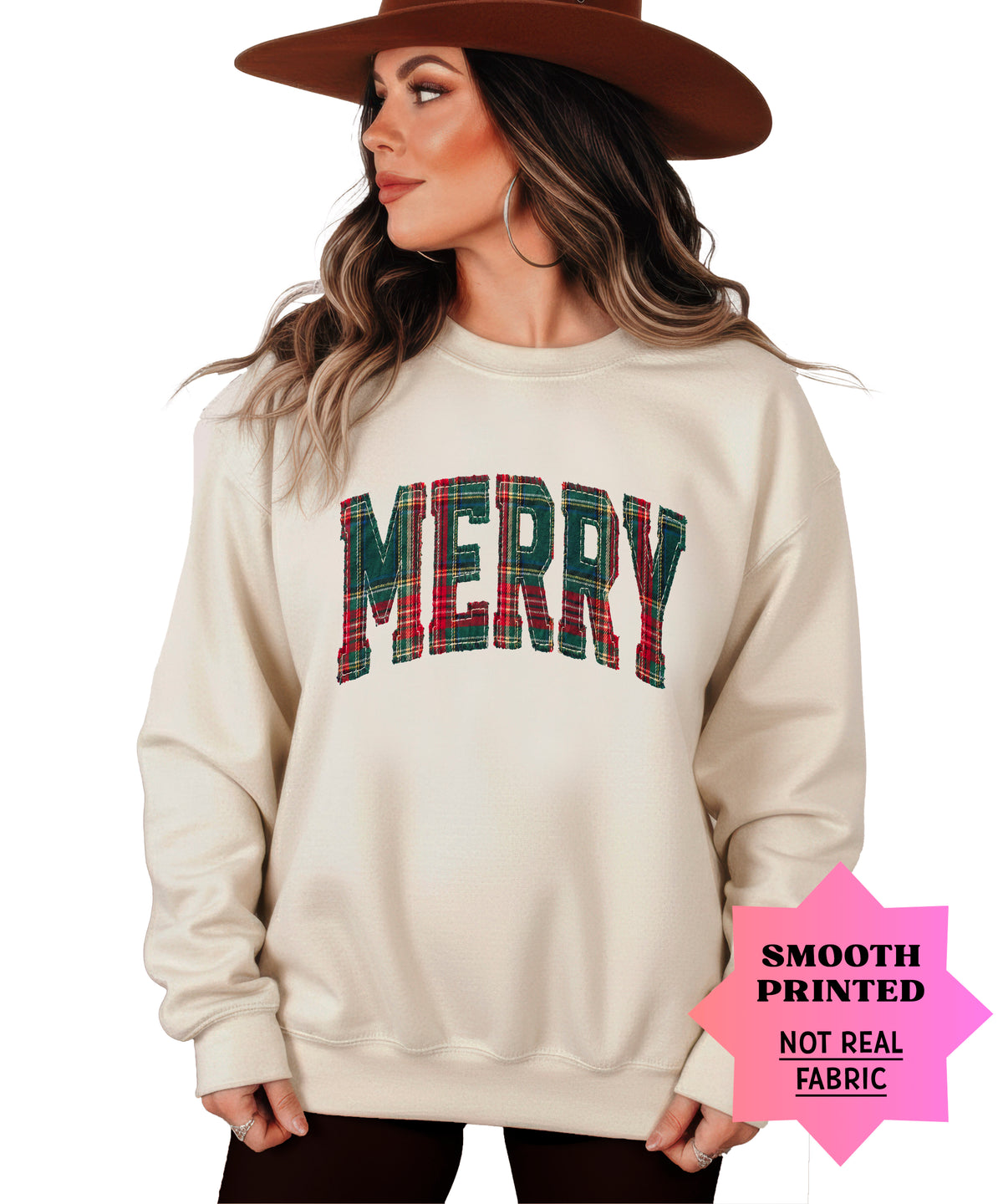 Merry plaid Christmas sweatshirt, Sand adult crewneck