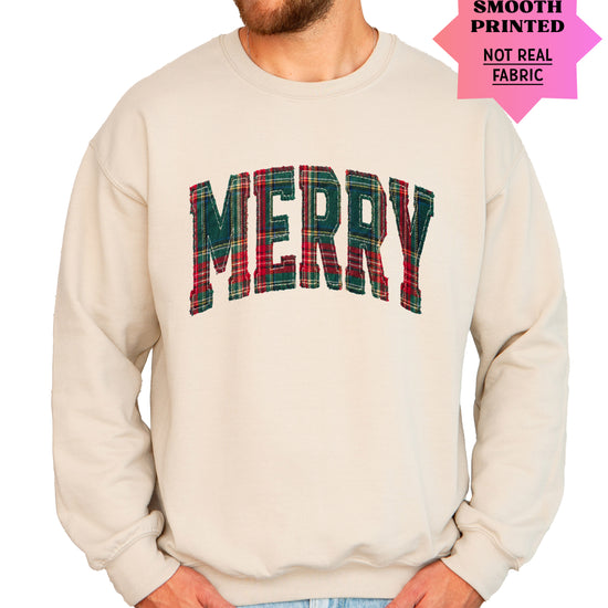 Merry plaid Christmas sweatshirt, Sand adult crewneck