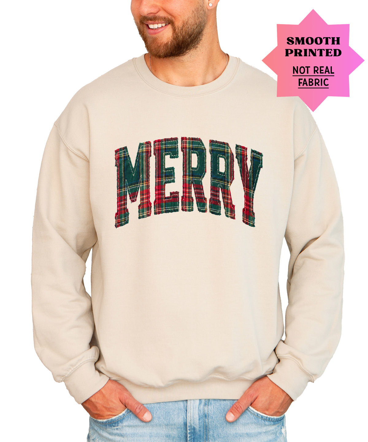 Merry plaid Christmas sweatshirt, Sand adult crewneck