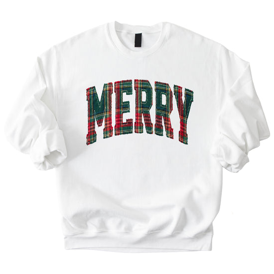 Merry plaid Christmas sweatshirt, White adult crewneck