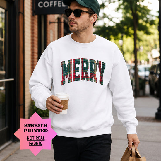 Merry plaid Christmas sweatshirt, White adult crewneck
