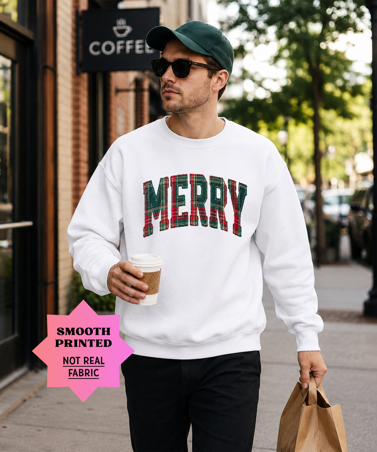 Merry plaid Christmas sweatshirt, White adult crewneck
