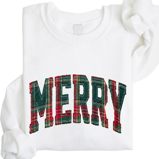 Merry plaid Christmas sweatshirt, White adult crewneck