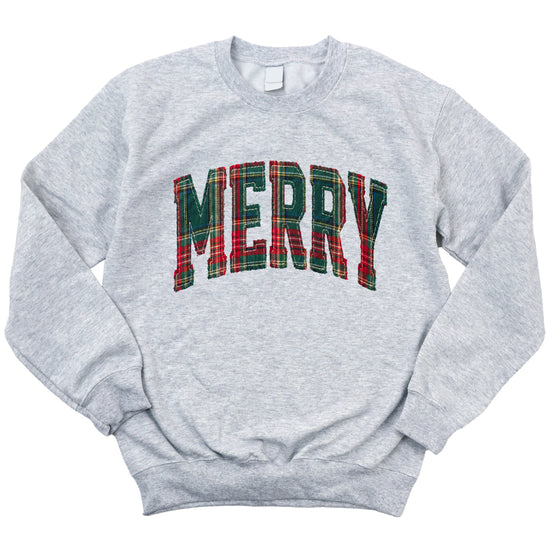 Merry plaid Christmas sweatshirt, Gray youth crewneck