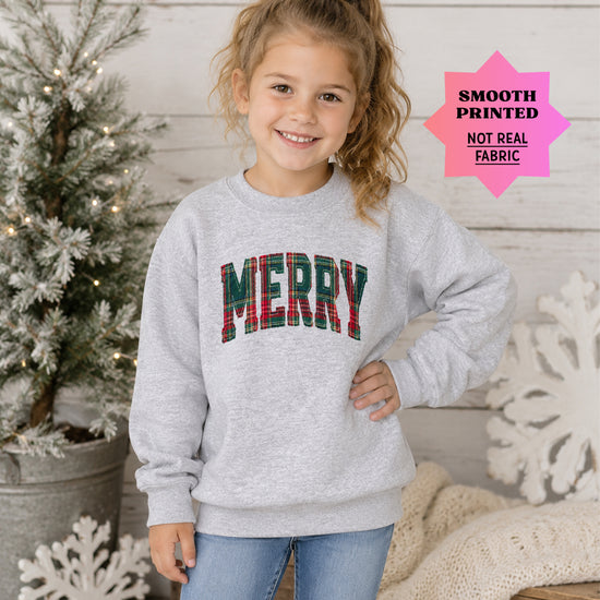 Merry plaid Christmas sweatshirt, Gray youth crewneck
