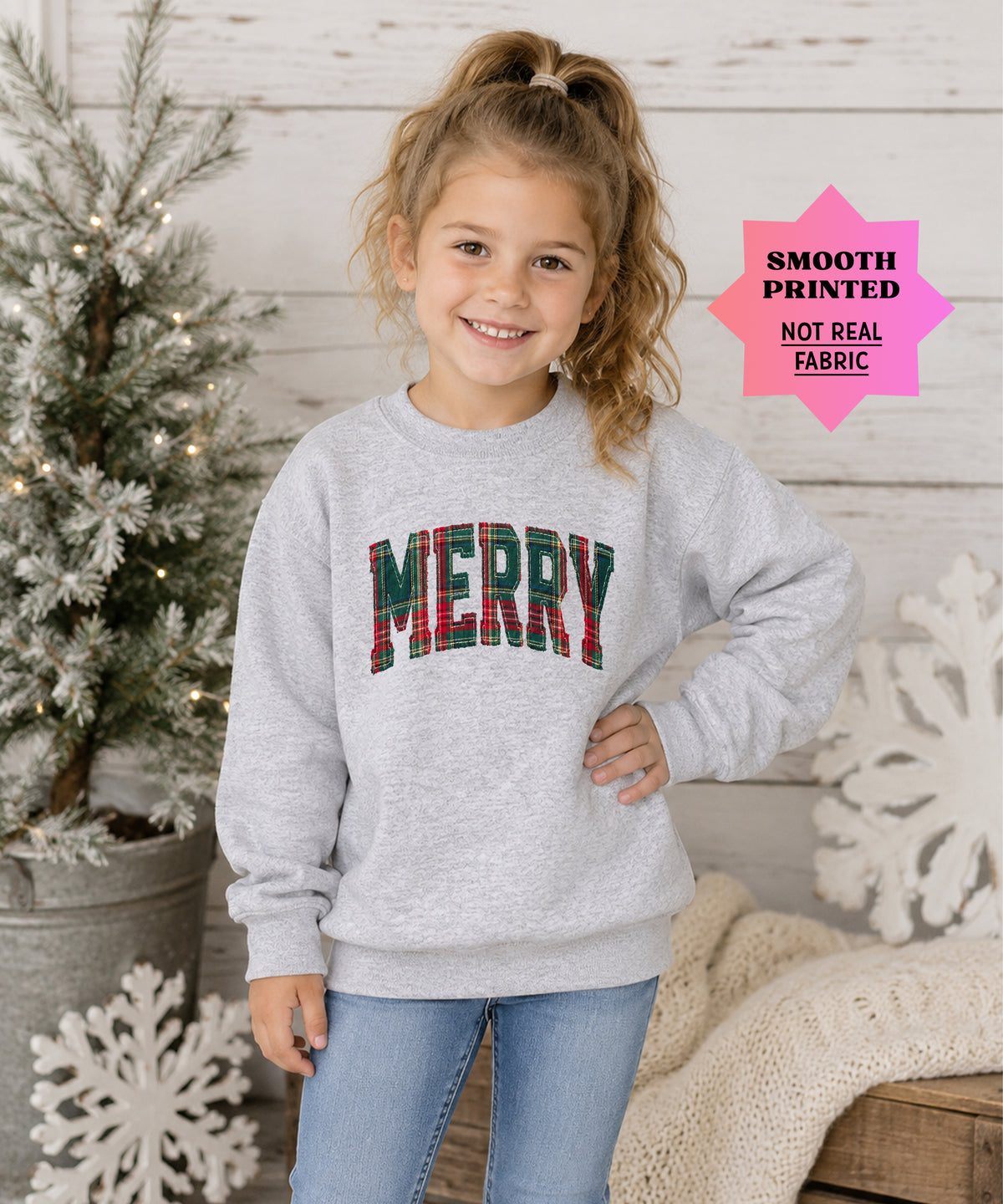 Merry plaid Christmas sweatshirt, Gray youth crewneck