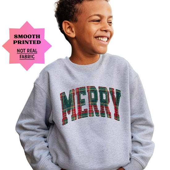 Merry plaid Christmas sweatshirt, Gray youth crewneck