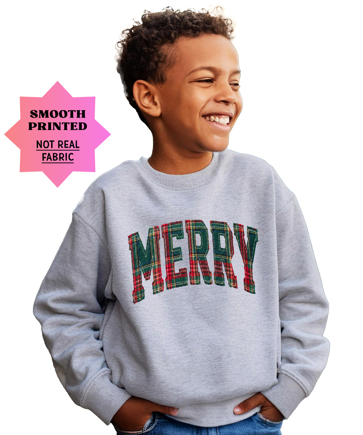 Merry plaid Christmas sweatshirt, Gray youth crewneck