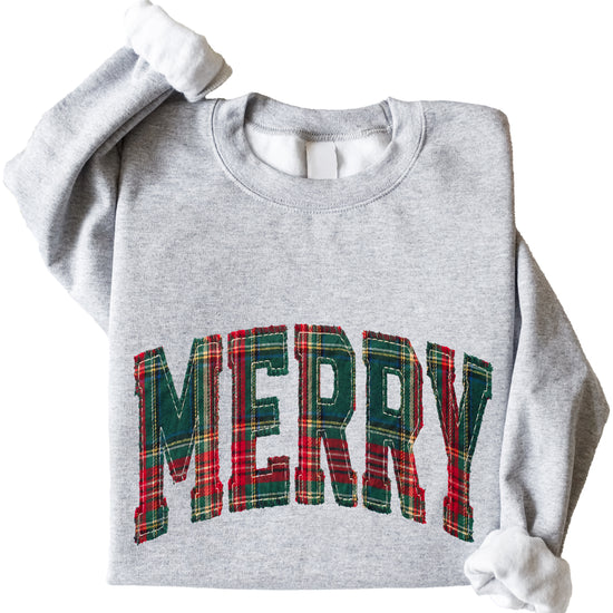 Merry plaid Christmas sweatshirt, Gray youth crewneck
