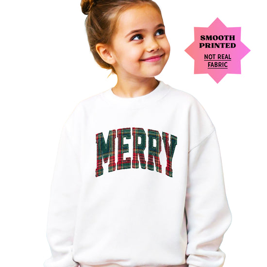 Merry plaid Christmas sweatshirt, White youth crewneck
