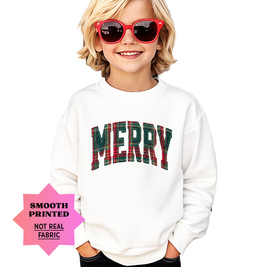 Merry plaid Christmas sweatshirt, White youth crewneck