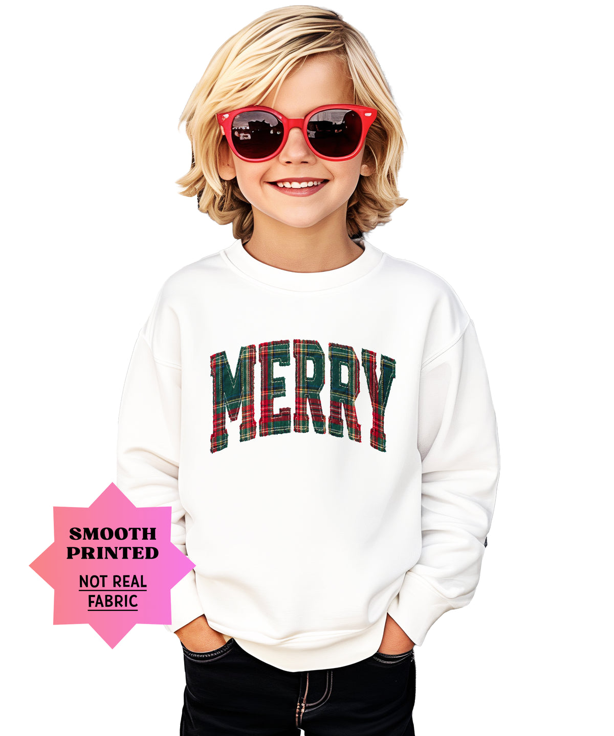 Merry plaid Christmas sweatshirt, White youth crewneck
