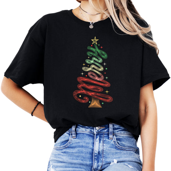 Merry Christmas tree womens black t-shirt