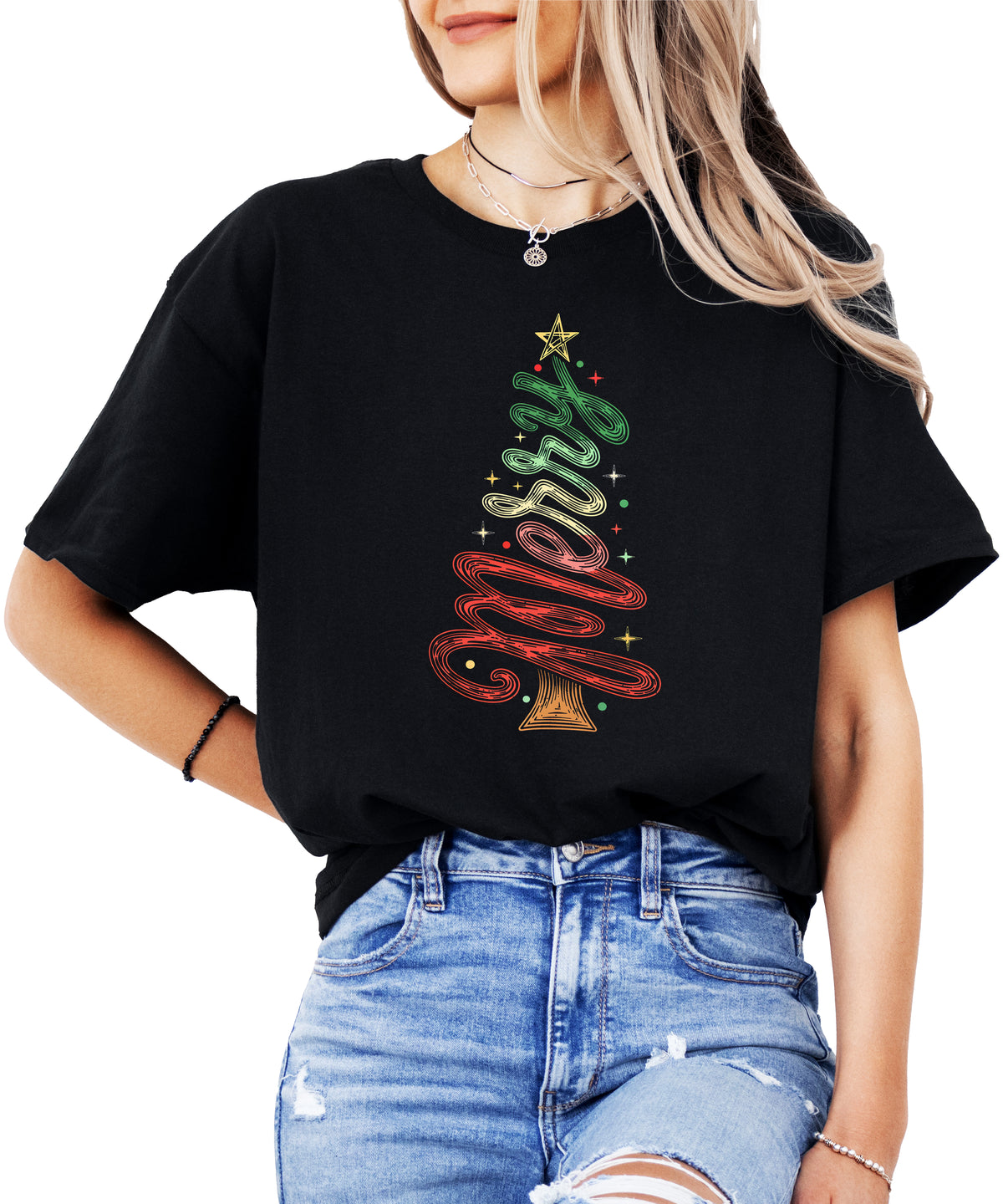 Merry Christmas tree womens black t-shirt