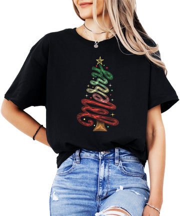 Merry Christmas tree womens black t-shirt