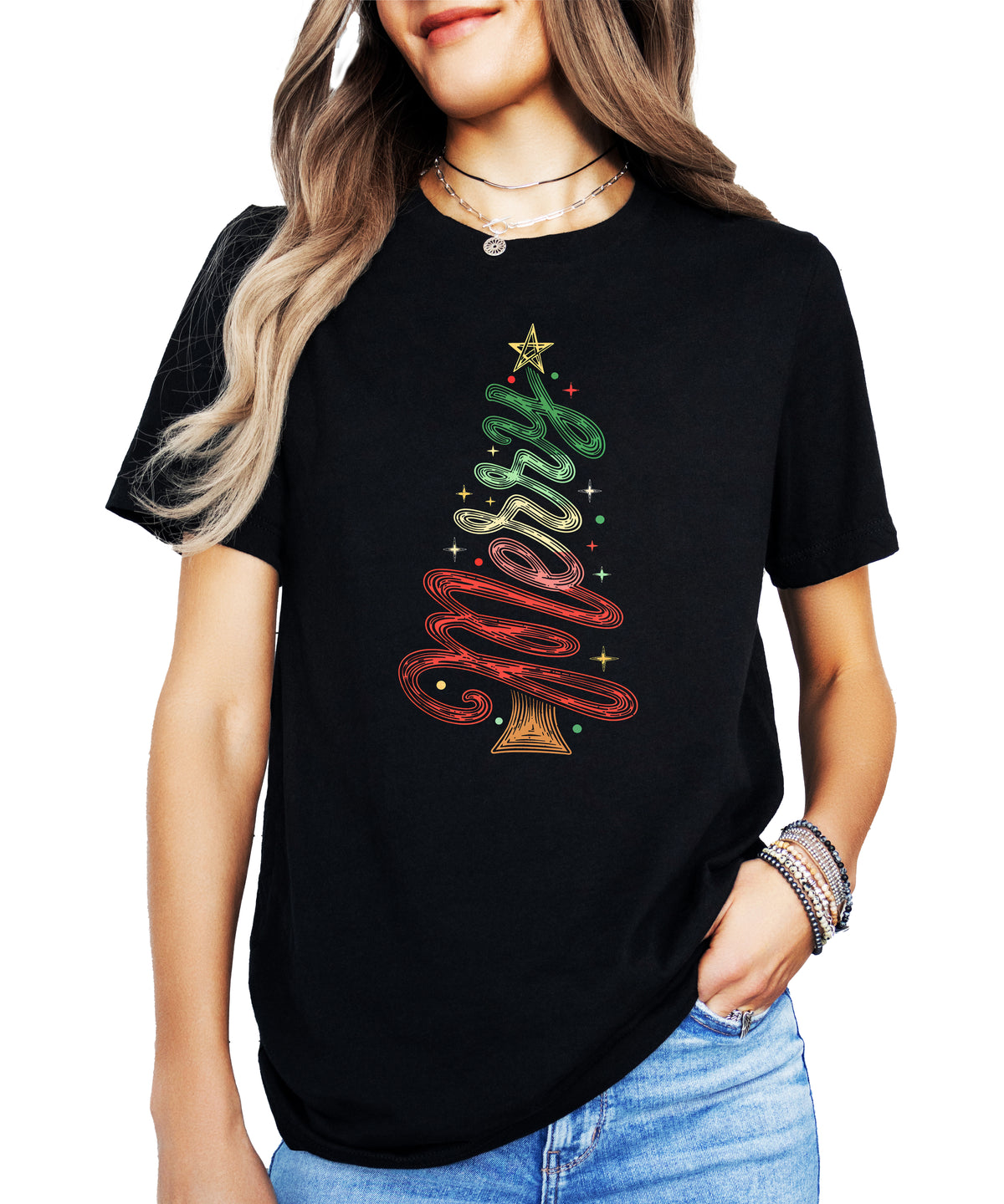 Merry Christmas tree womens black t-shirt