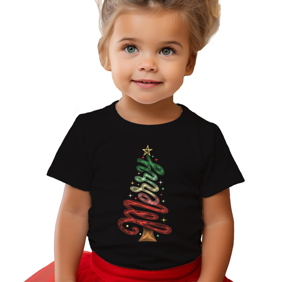 Merry Christmas tree kids girls black t-shirt