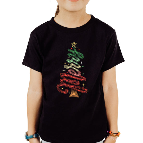 Merry Christmas tree kids girls black t-shirt