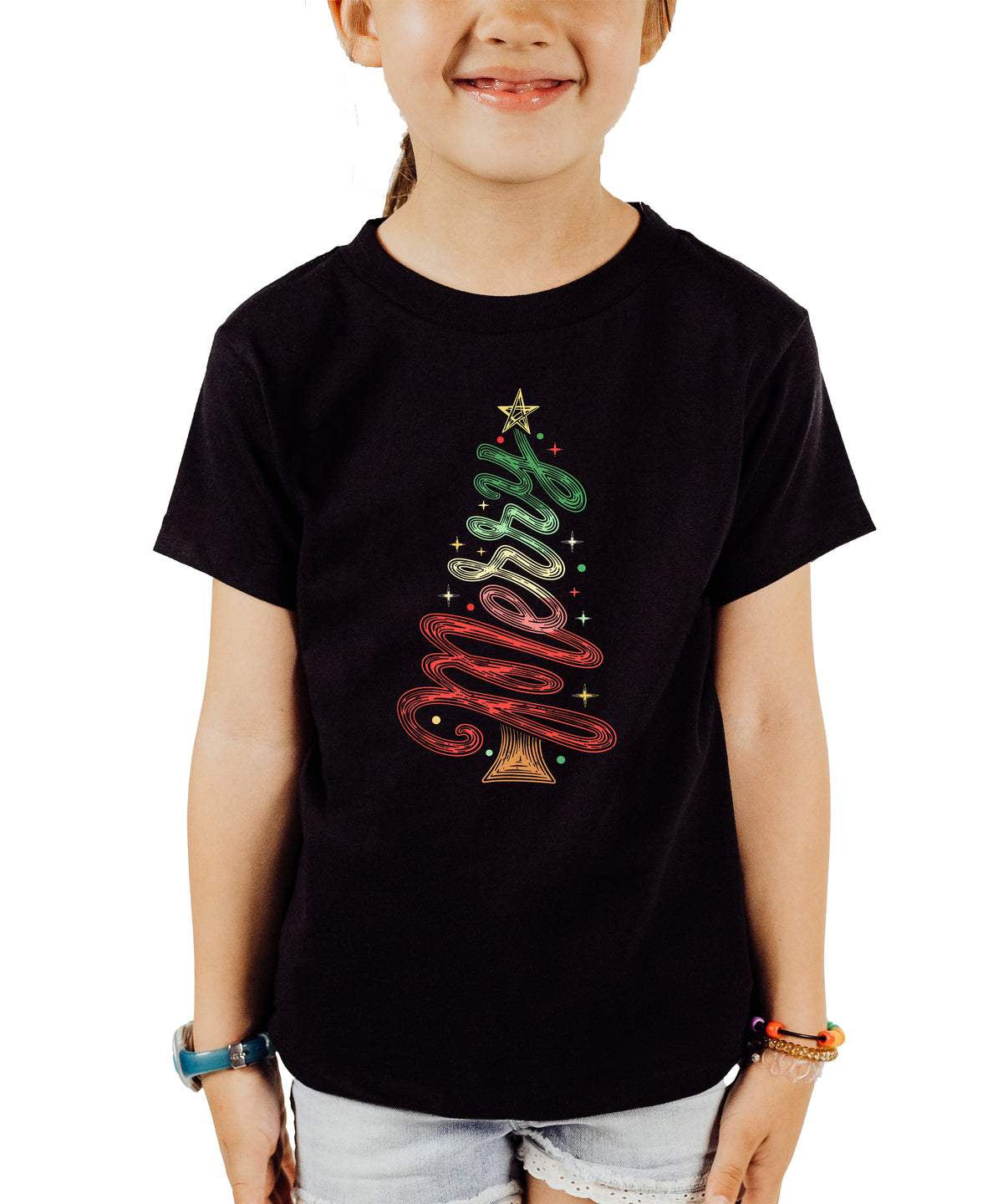 Merry Christmas tree kids girls black t-shirt