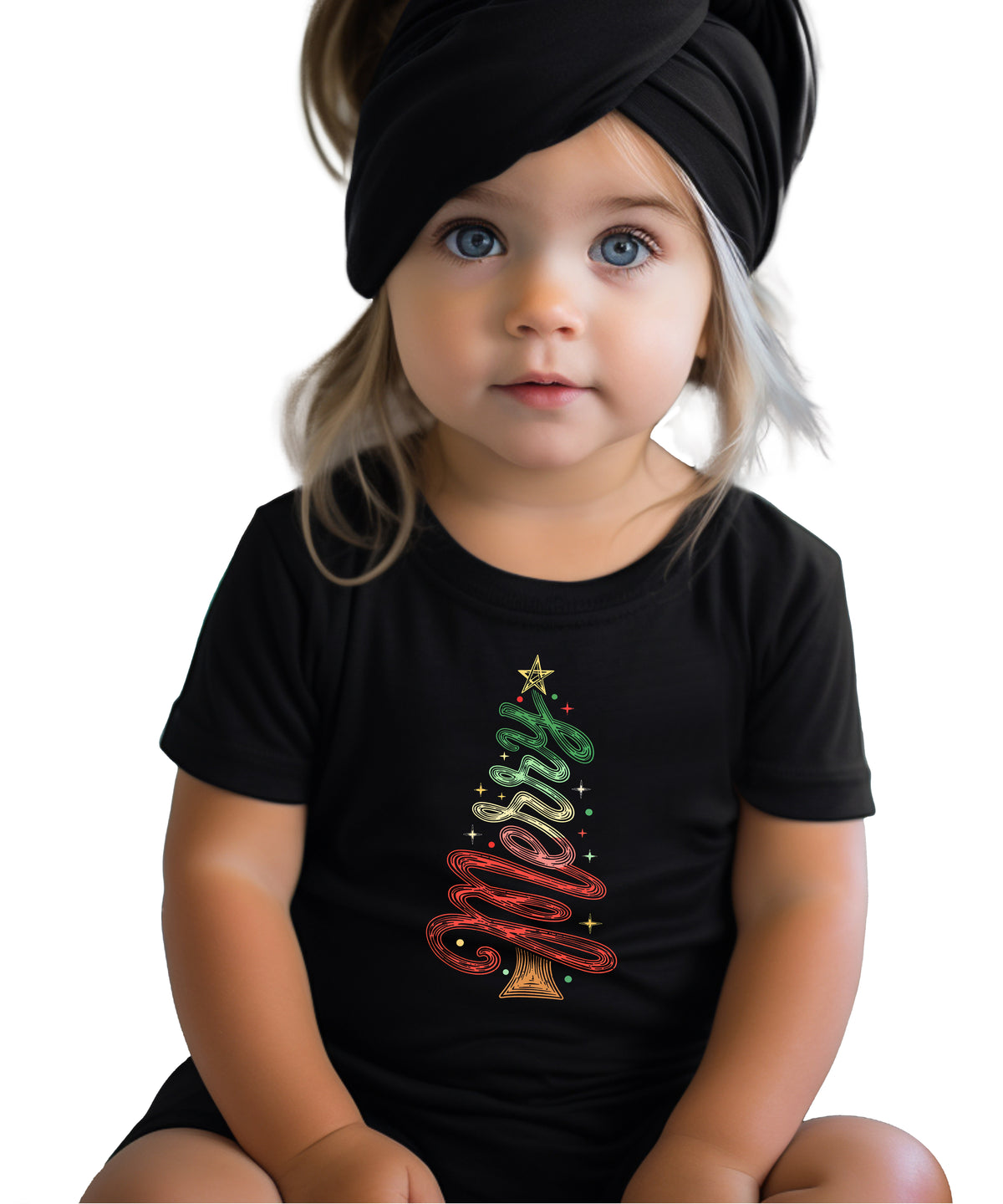 Merry Christmas tree kids girls black t-shirt