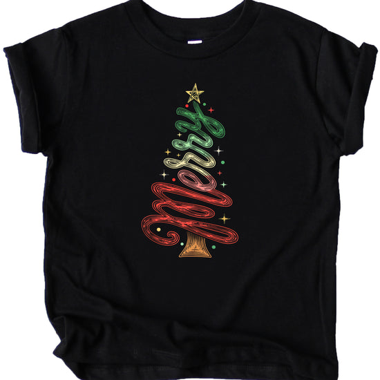 Merry Christmas tree kids girls black t-shirt