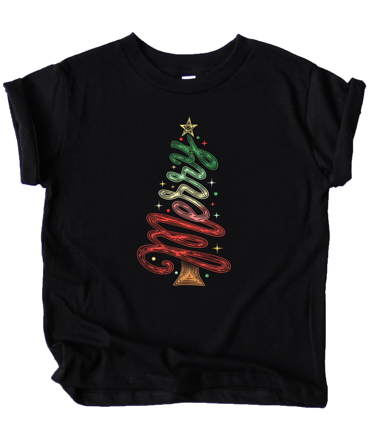 Merry Christmas tree kids girls black t-shirt