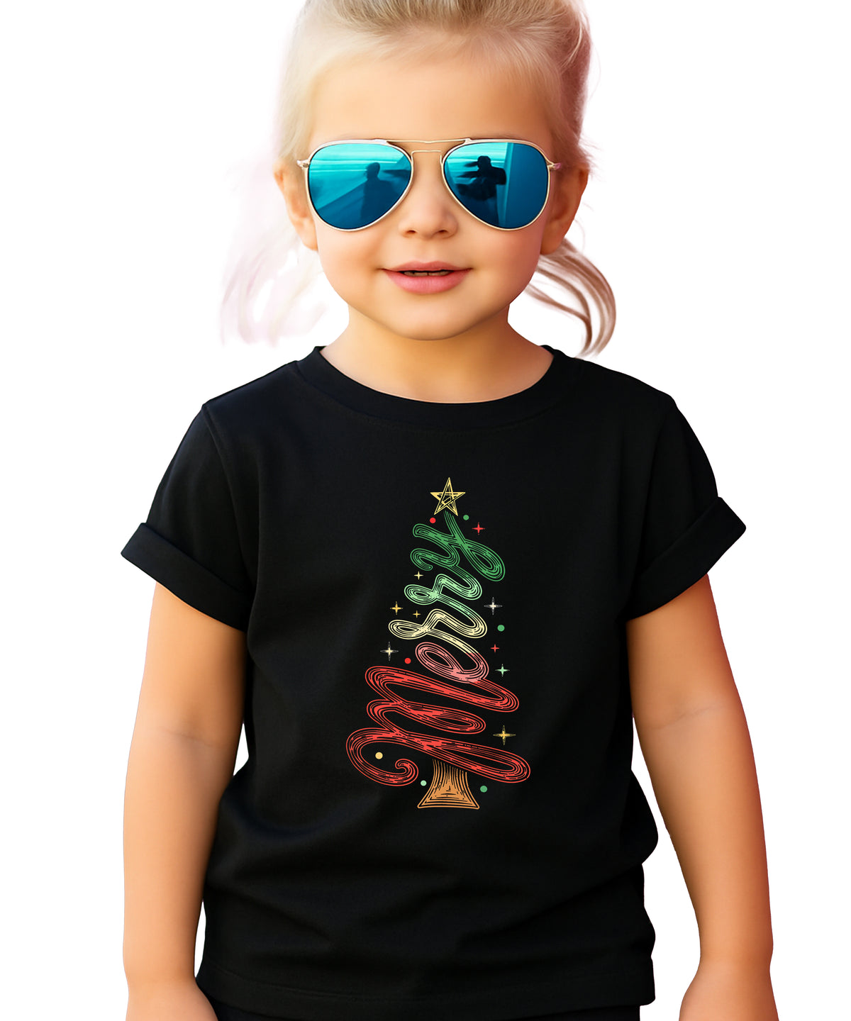 Merry Christmas tree kids girls black t-shirt