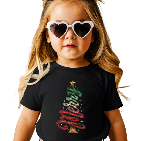 Merry Christmas tree kids girls black t-shirt