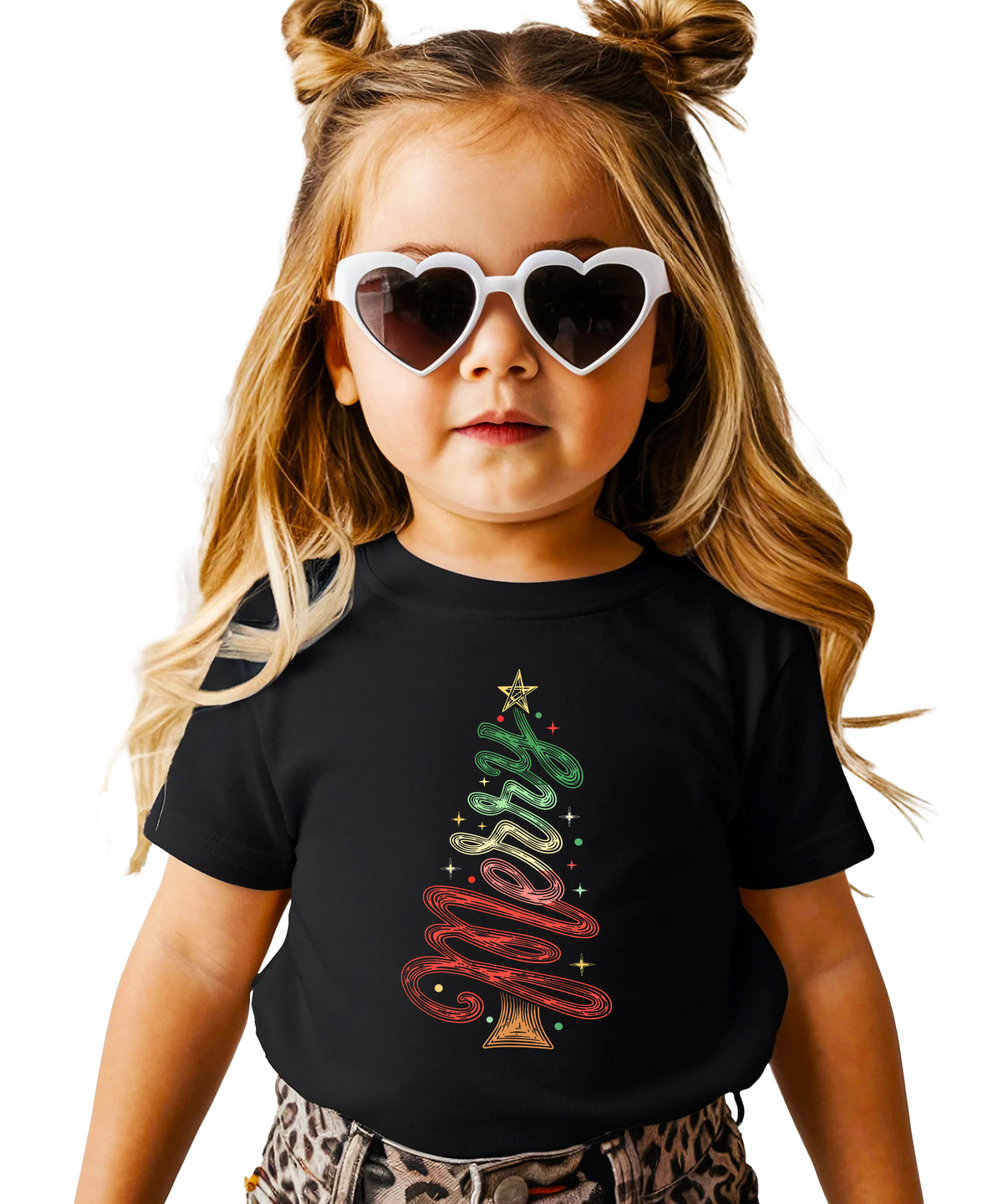 Merry Christmas tree kids girls black t-shirt
