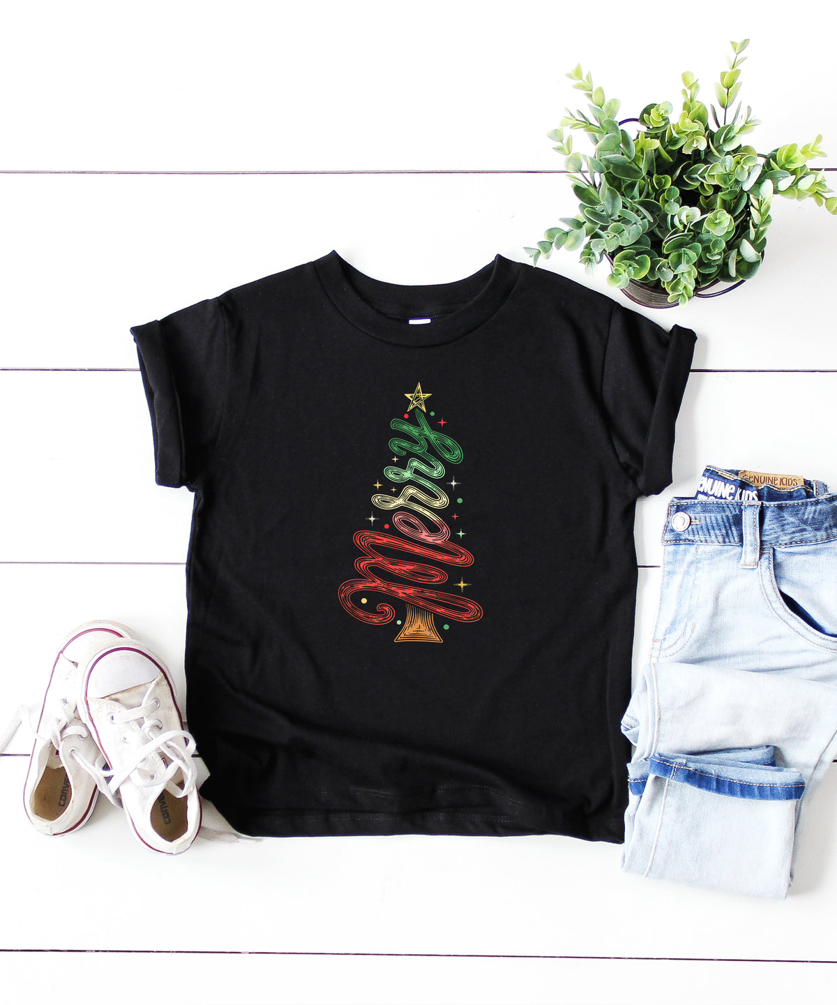 Merry Christmas tree kids girls black t-shirt