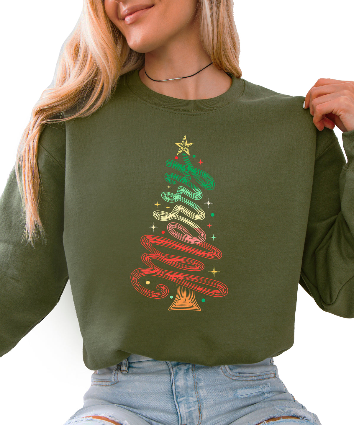 Merry Christmas Tree Sweatshirt - Army Green