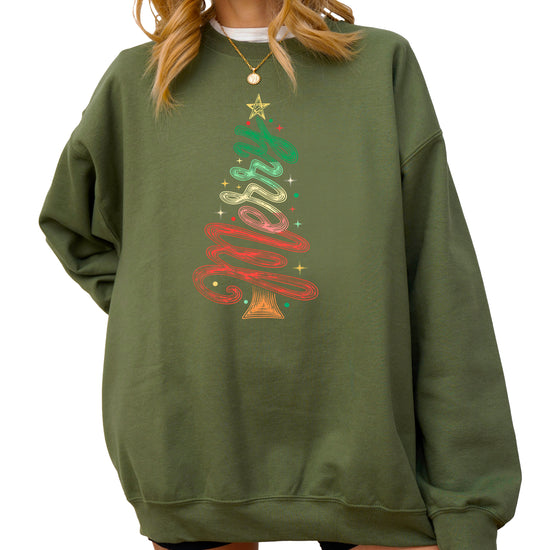 Merry Christmas Tree Sweatshirt - Army Green