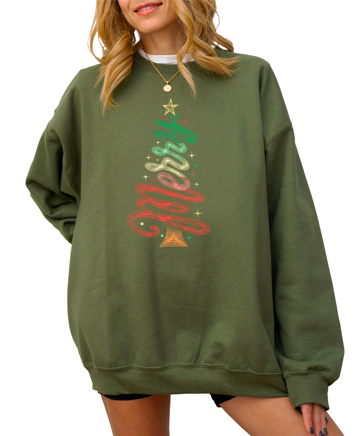 Merry Christmas Tree Sweatshirt - Army Green