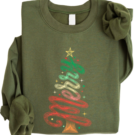 Merry Christmas Tree Sweatshirt - Army Green
