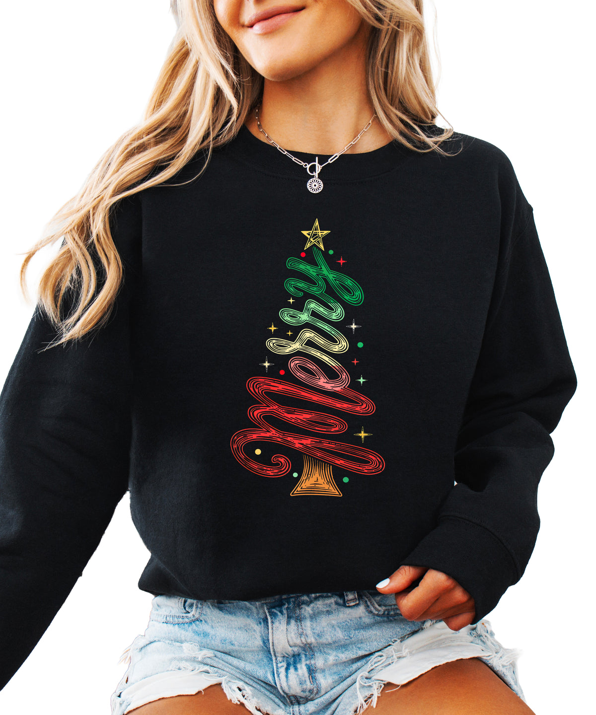 Merry Christmas Tree Sweatshirt - Black
