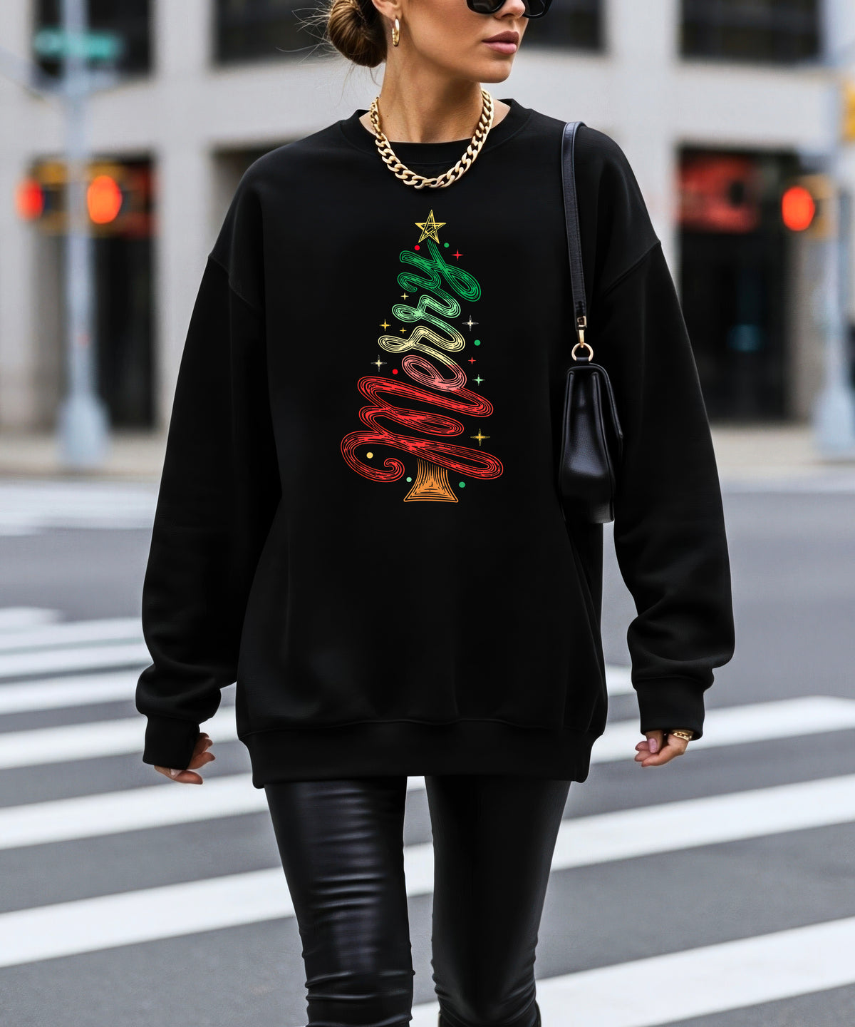 Merry Christmas Tree Sweatshirt - Black