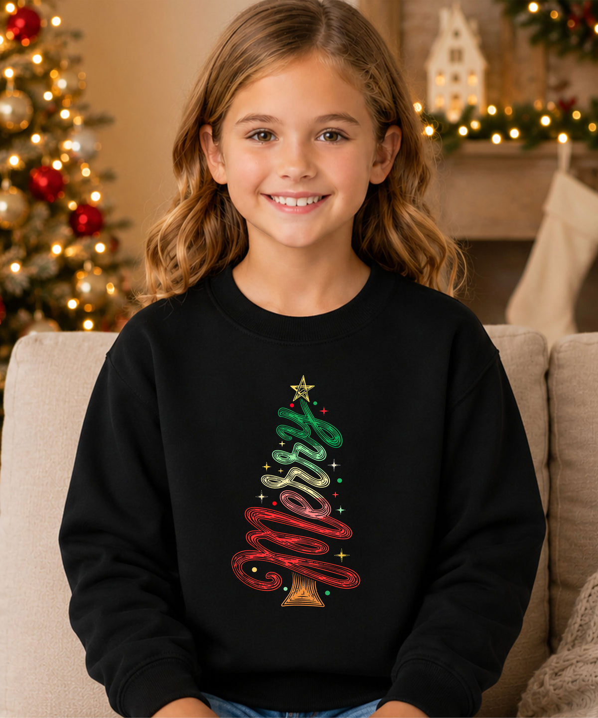Merry Christmas Tree Sweatshirt - Youth Black