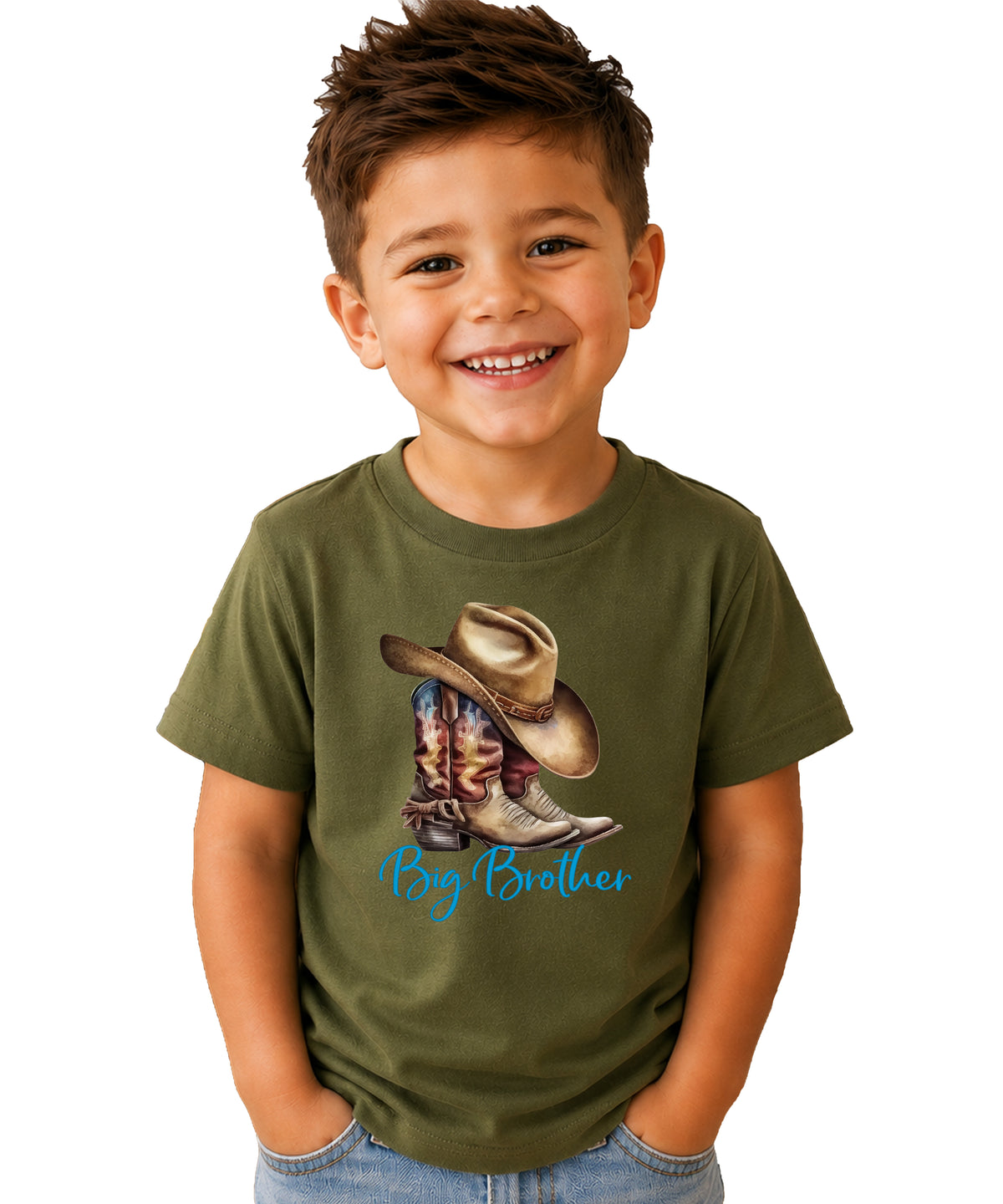 Big Brother Brown Boots Western sibling reveal tee - Military Green front
